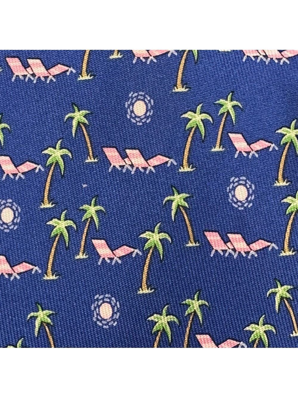 Ferragamo Silk Tie Blue Pink & Green with Palm Trees Lounge Chairs & the Sun - Picture 9 of 16